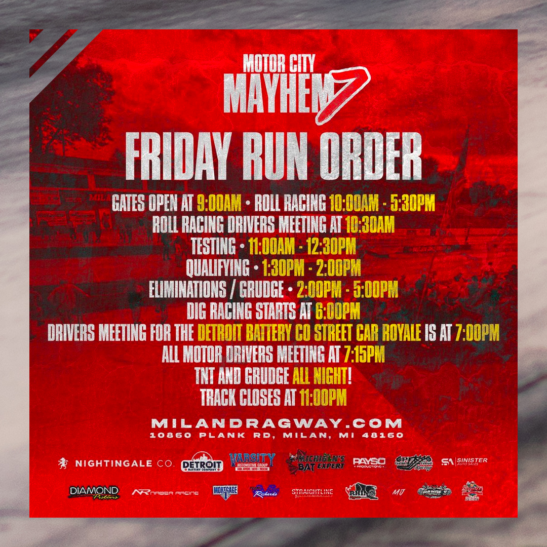 Friday Run Order – Motor City Mayhem
